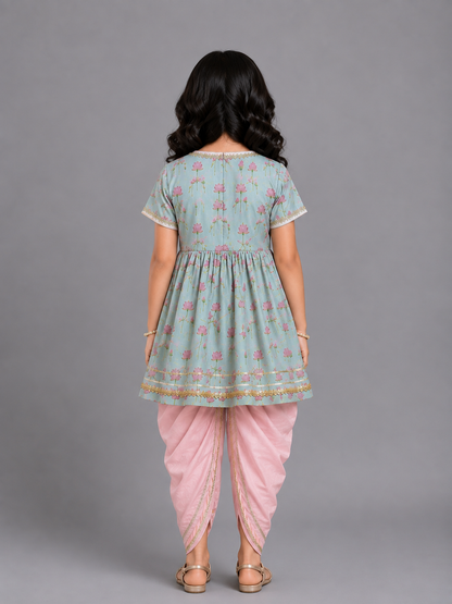 Mint green Lotus print Angrakha dhoti set
