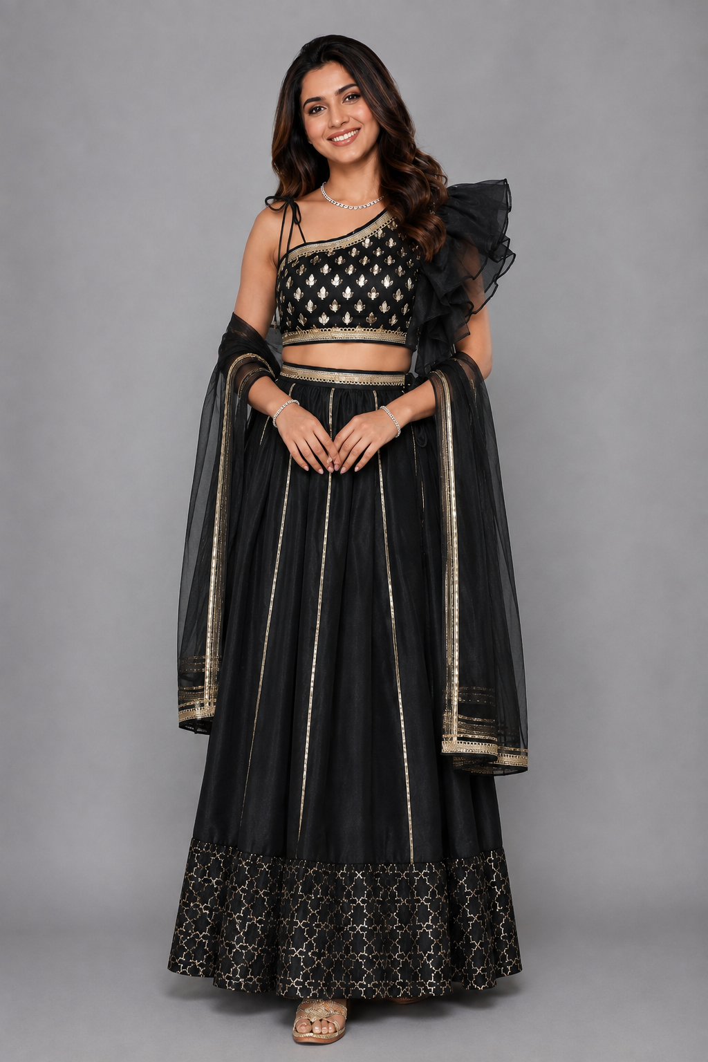 Black Chanderi off shoulder lehnga set