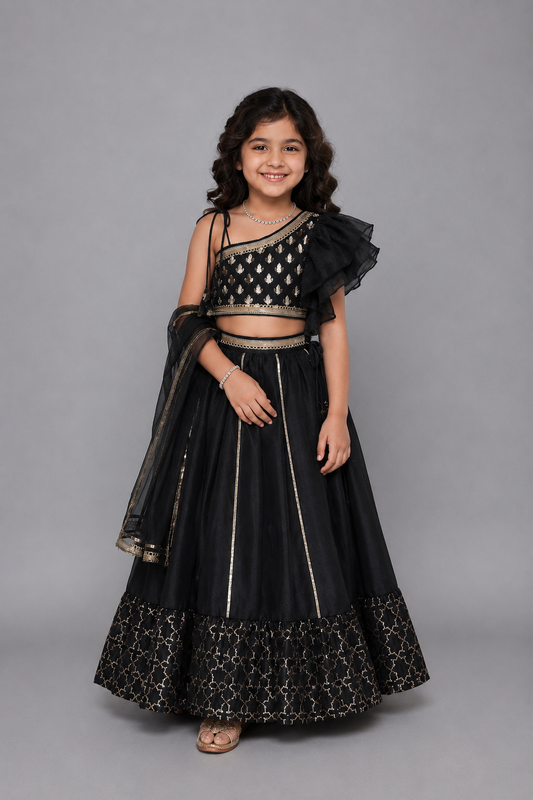 Black Chanderi off shoulder lehnga set