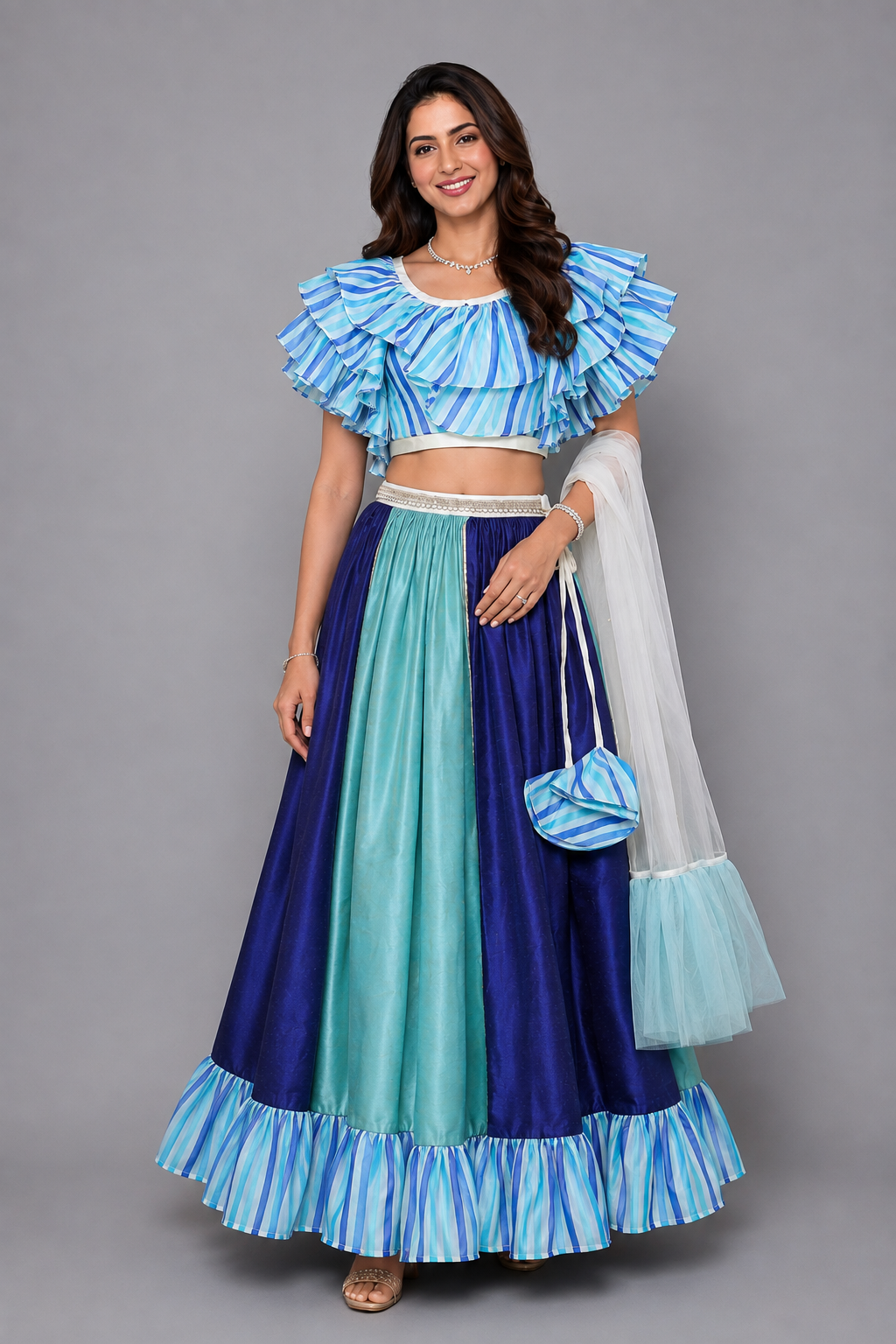 Blue Lehriya frill blouse and Lehnga set