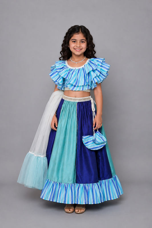 Blue Lehriya frill blouse and Lehnga set