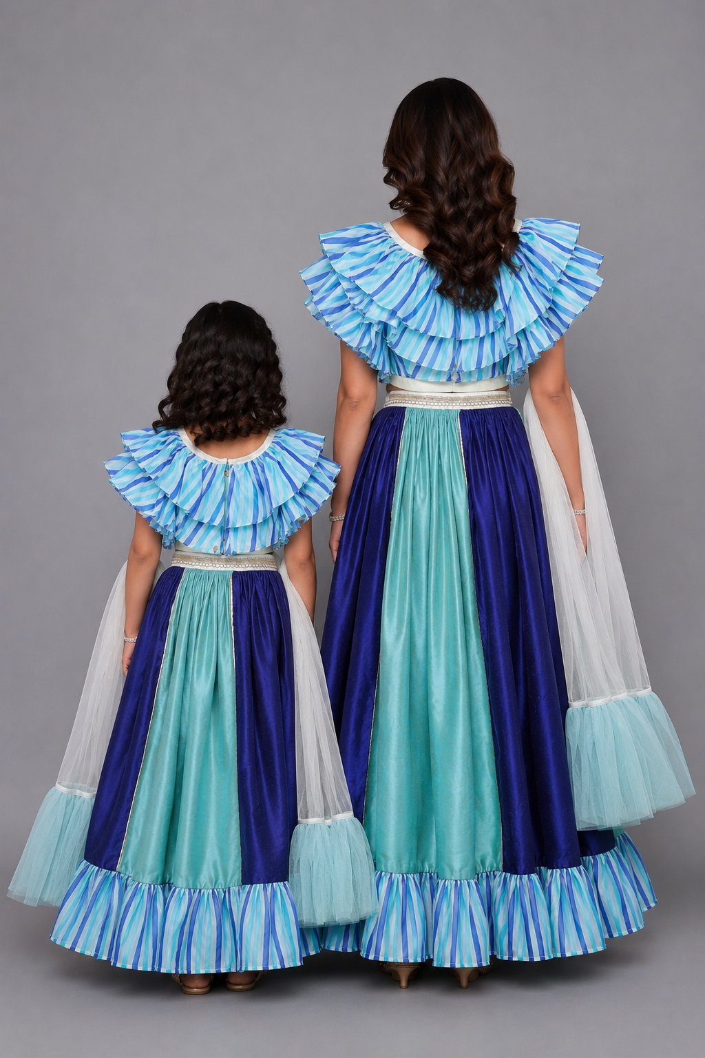 Blue Lehriya frill blouse and Lehnga set