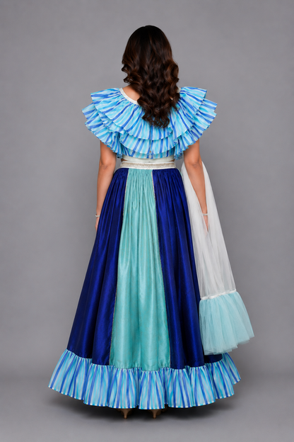 Blue Lehriya frill blouse and Lehnga set