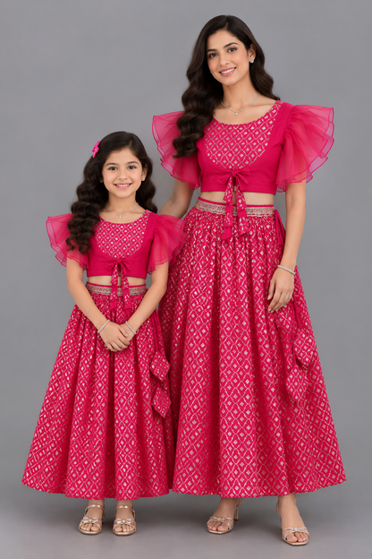 Fuschia Pink ruffled Blouse with Cotton Zari Lehnga