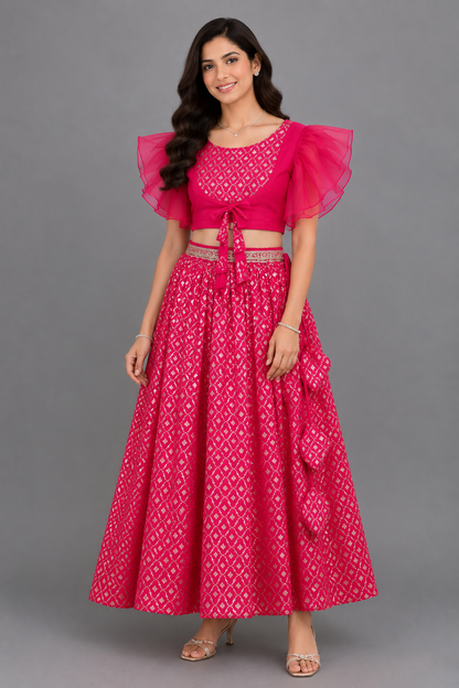 Fuschia Pink ruffled Blouse with Cotton Zari Lehnga