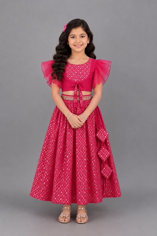 Fuschia Pink ruffled Blouse with Cotton Zari Lehnga