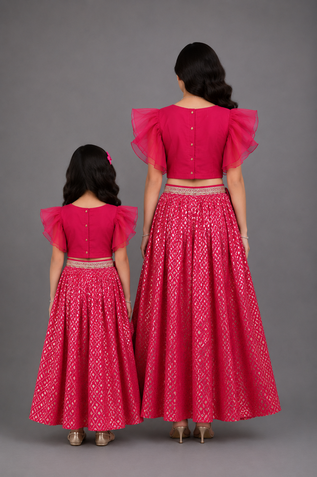 Fuschia Pink ruffled Blouse with Cotton Zari Lehnga