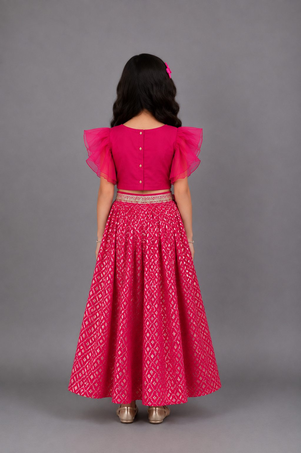 Fuschia Pink ruffled Blouse with Cotton Zari Lehnga