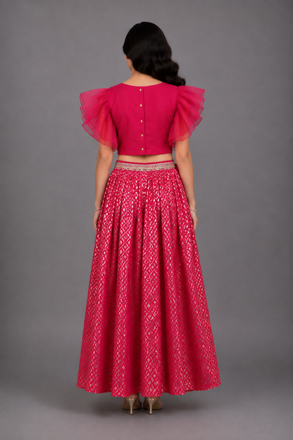 Fuschia Pink ruffled Blouse with Cotton Zari Lehnga