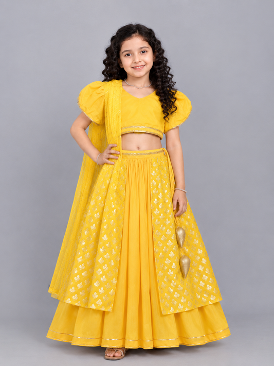 Mustard Blouse with attached net Dupatta and double layered lehnga