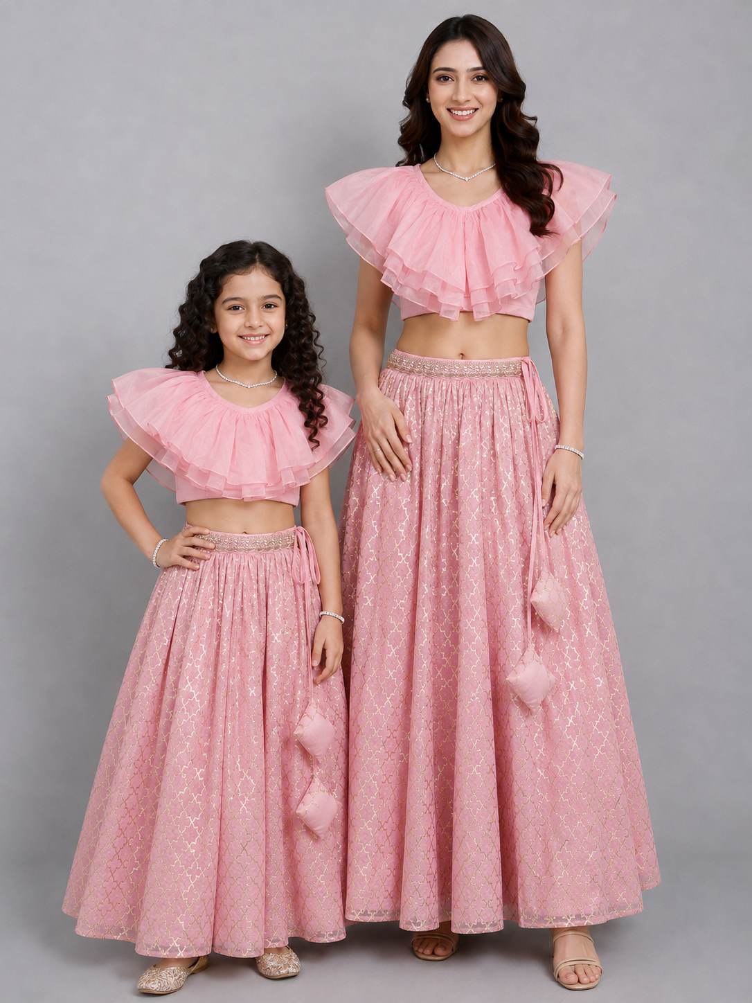 Light Pink Organza Ruffled blouse with Cotton Zari Lehnga