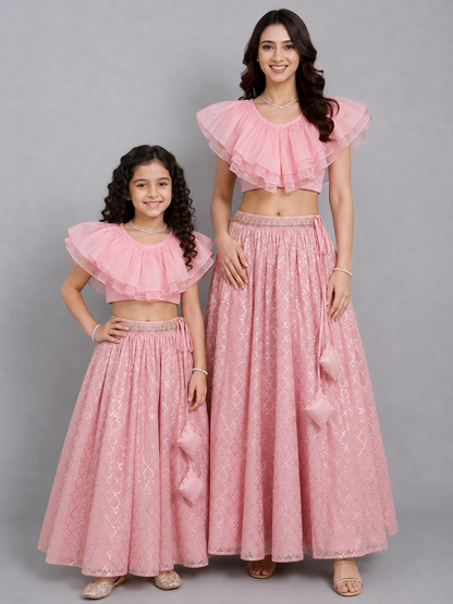 Light Pink Organza Ruffled blouse with Cotton Zari Lehnga
