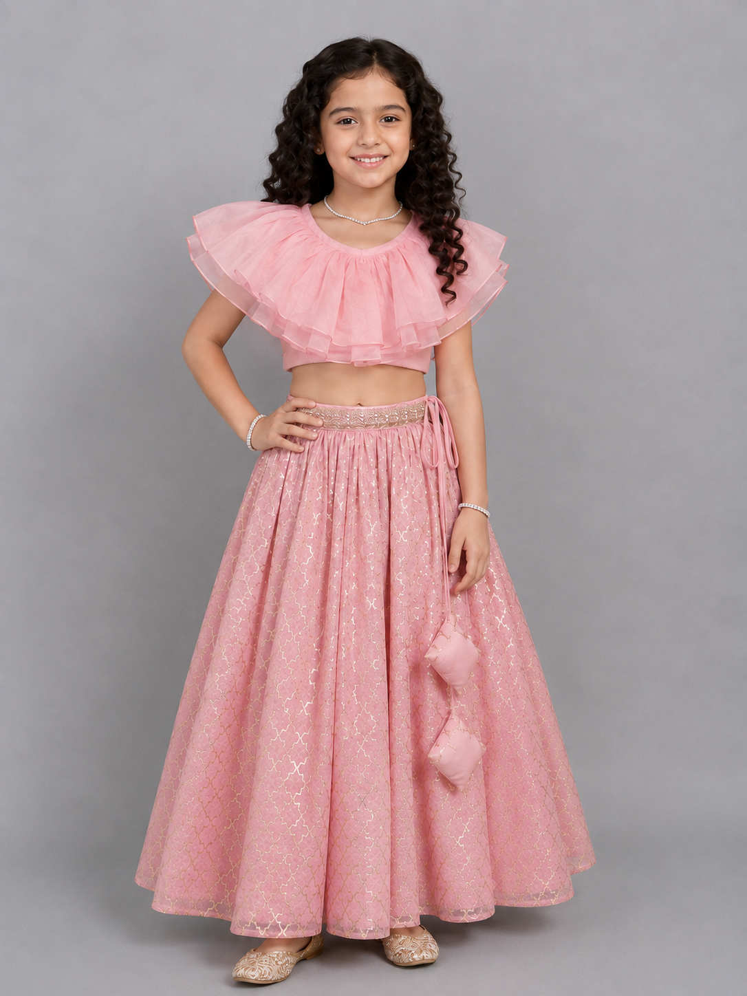 Light Pink Organza Ruffled blouse with Cotton Zari Lehnga