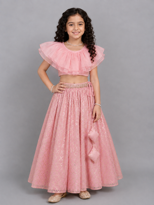 Light Pink Organza Ruffled blouse with Cotton Zari Lehnga