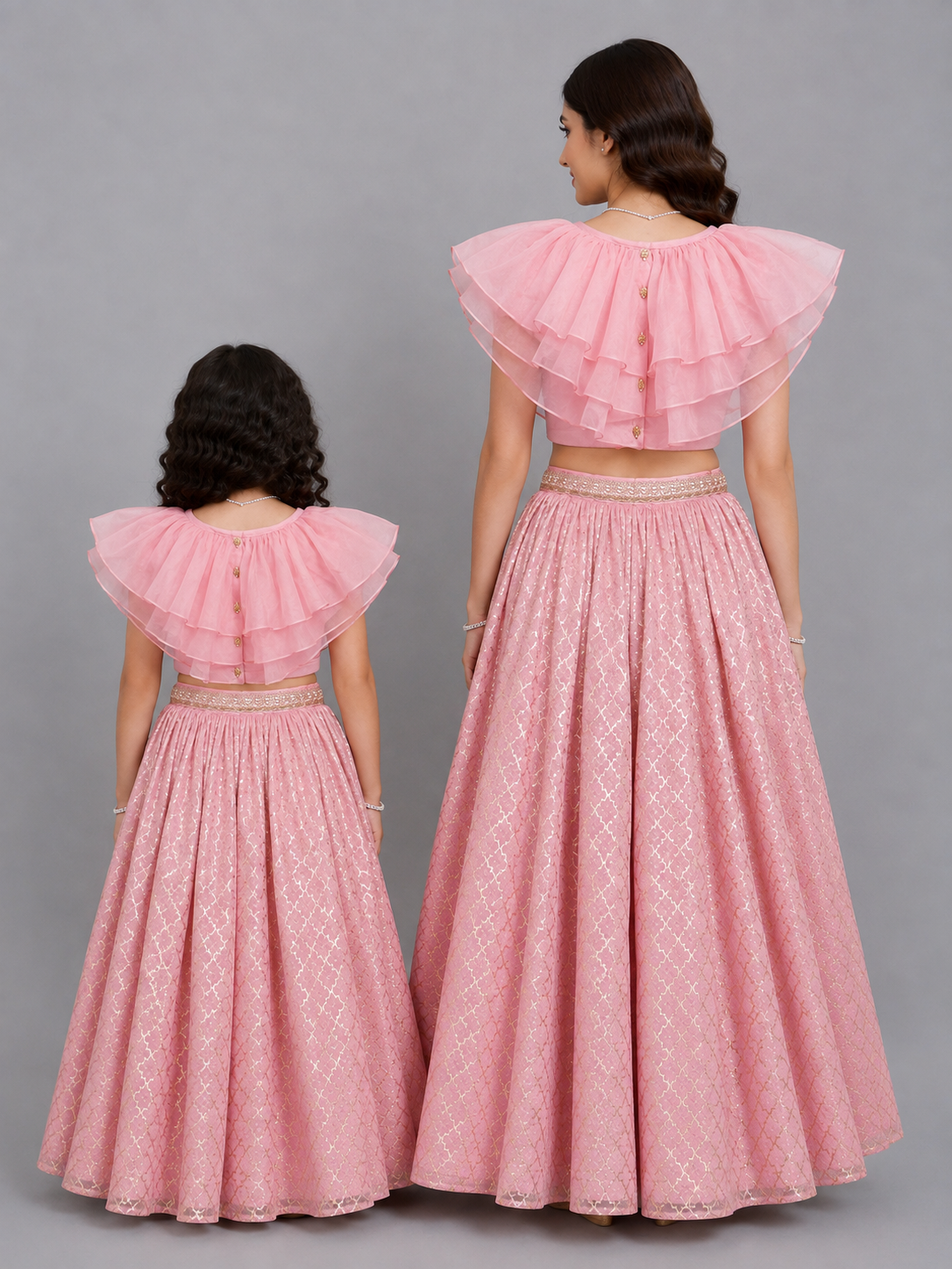 Light Pink Organza Ruffled blouse with Cotton Zari Lehnga