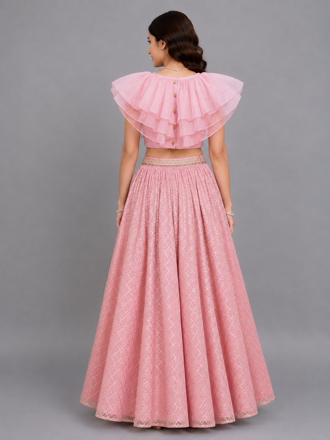 Light Pink Organza Ruffled blouse with Cotton Zari Lehnga