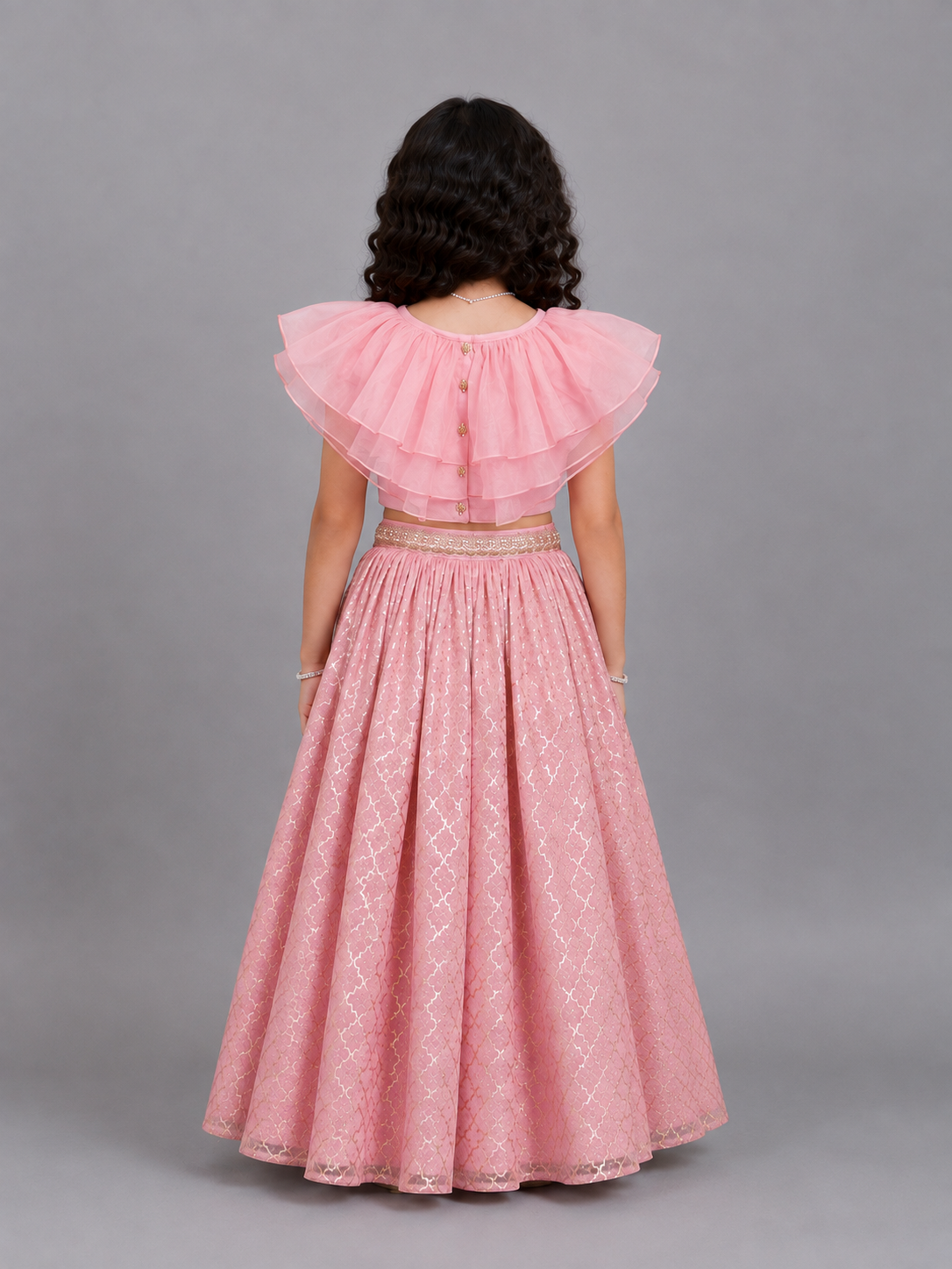 Light Pink Organza Ruffled blouse with Cotton Zari Lehnga