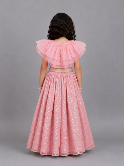 Light Pink Organza Ruffled blouse with Cotton Zari Lehnga