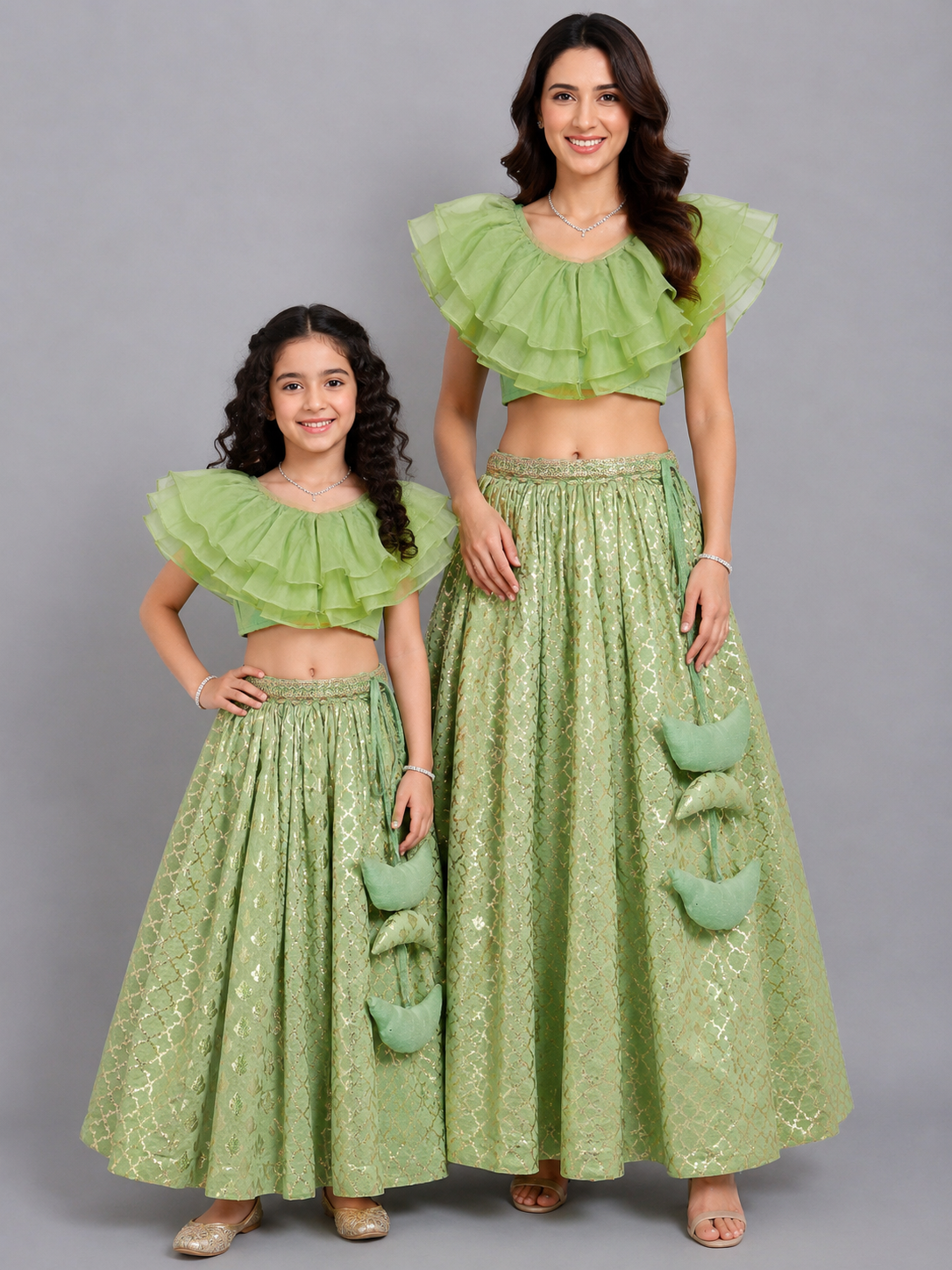 Lime Green  Organza Ruffled blouse with Cotton Zari Lehnga