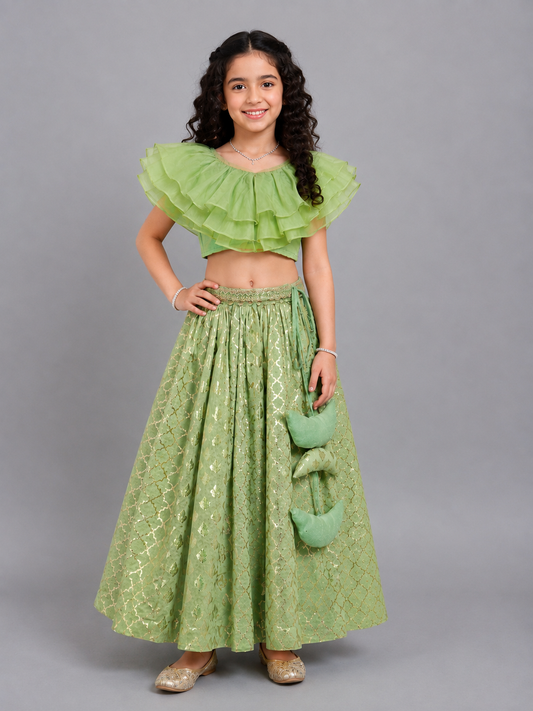 Lime Green  Organza Ruffled blouse with Cotton Zari Lehnga