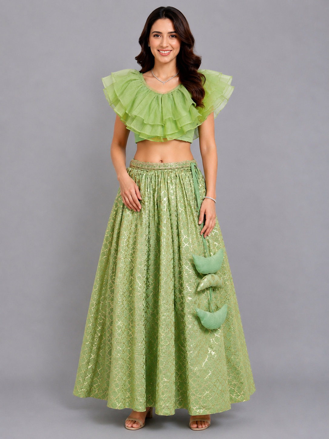 Lime Green  Organza Ruffled blouse with Cotton Zari Lehnga