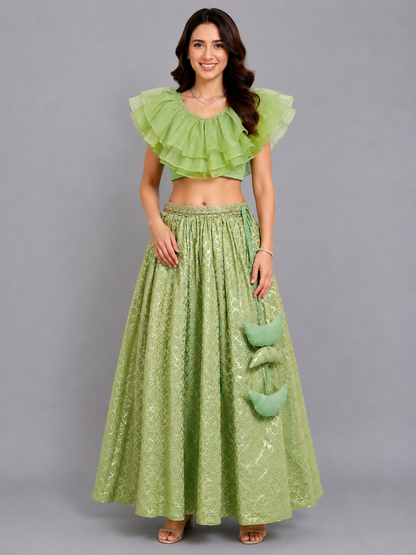 Lime Green  Organza Ruffled blouse with Cotton Zari Lehnga