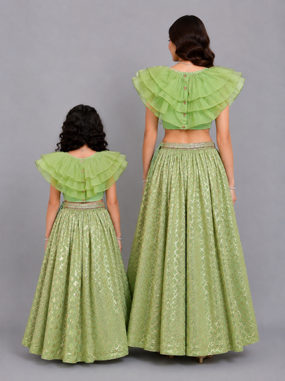Lime Green  Organza Ruffled blouse with Cotton Zari Lehnga