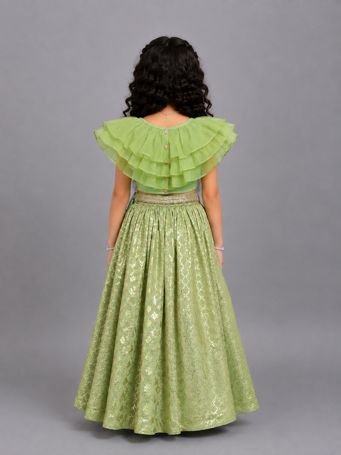 Lime Green  Organza Ruffled blouse with Cotton Zari Lehnga