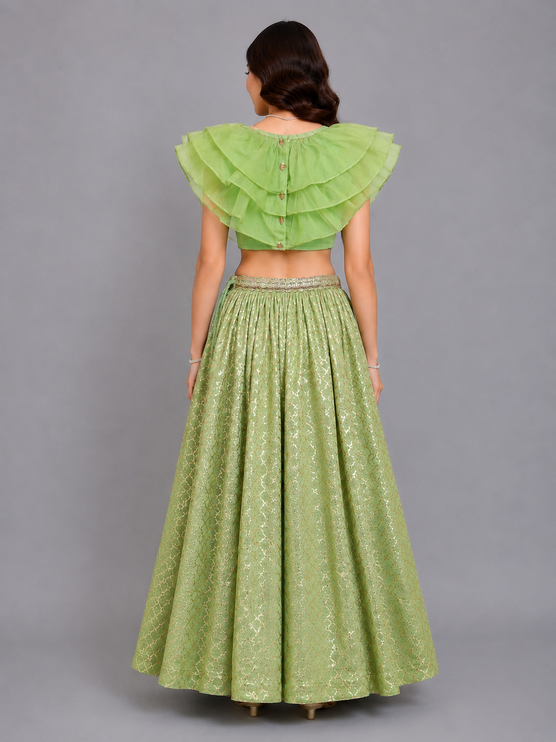 Lime Green  Organza Ruffled blouse with Cotton Zari Lehnga