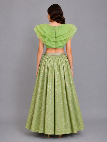Lime Green  Organza Ruffled blouse with Cotton Zari Lehnga