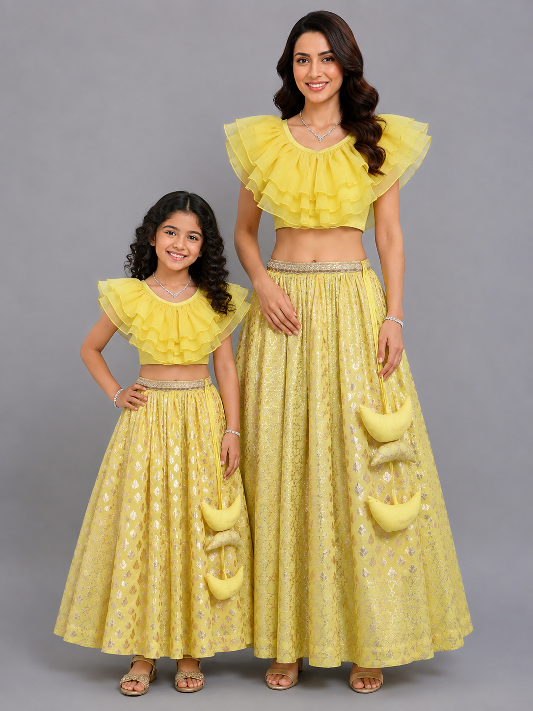 Lime Yellow Organza Ruffled blouse with Cotton Zari Lehnga