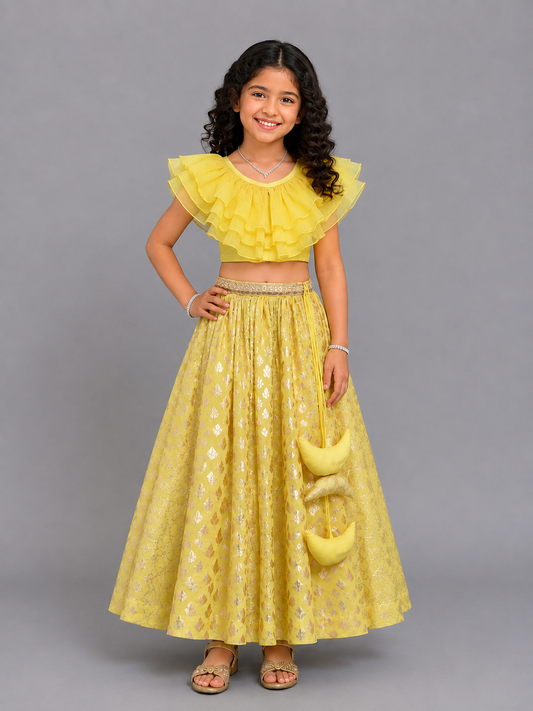 Lime Yellow Organza Ruffled blouse with Cotton Zari Lehnga