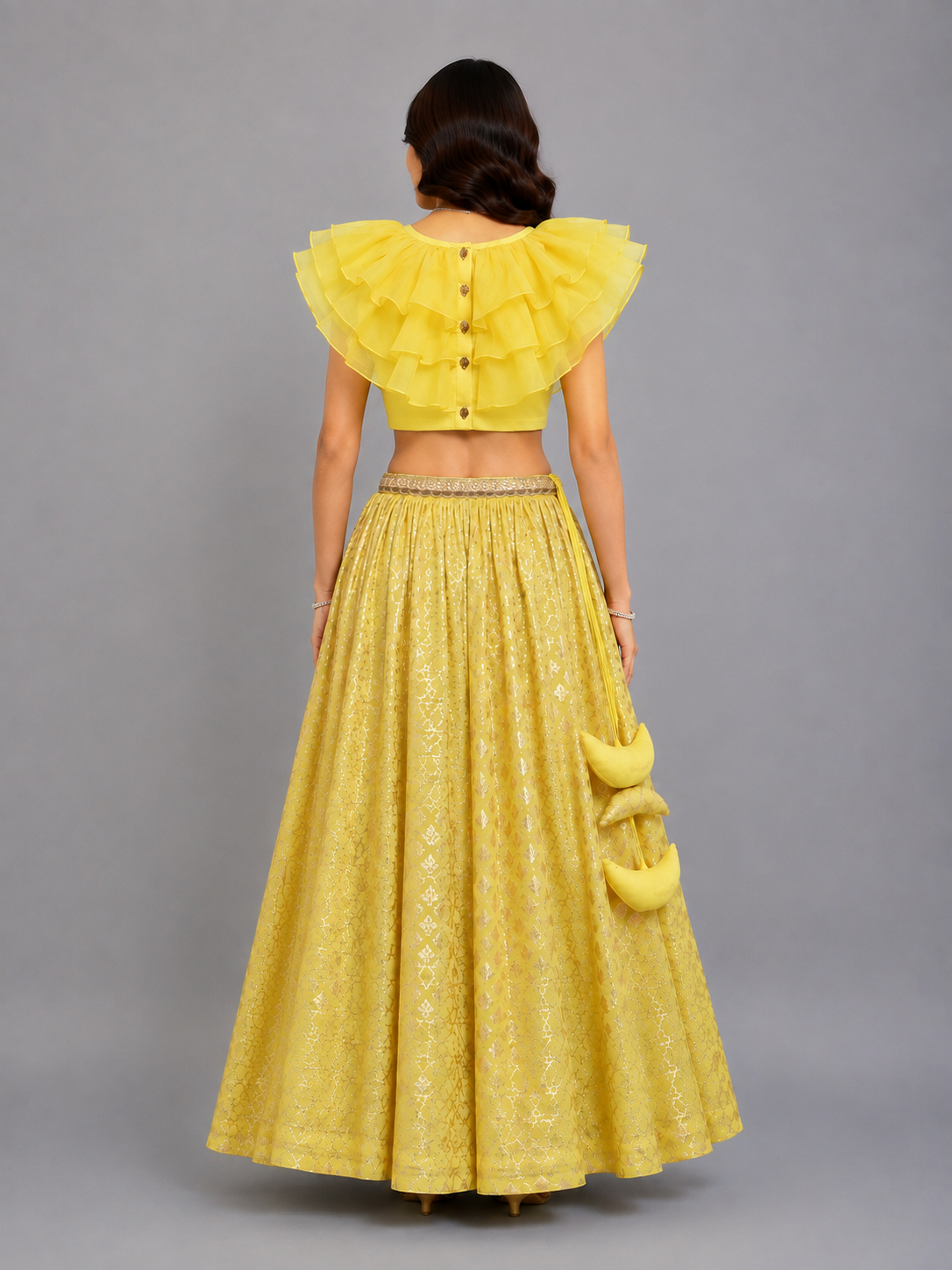 Lime Yellow Organza Ruffled blouse with Cotton Zari Lehnga