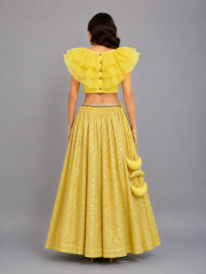 Lime Yellow Organza Ruffled blouse with Cotton Zari Lehnga