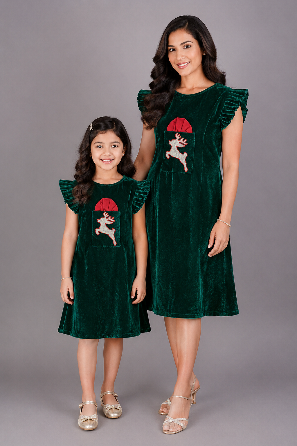 Green Velvet Christmas Reindeer  Dress