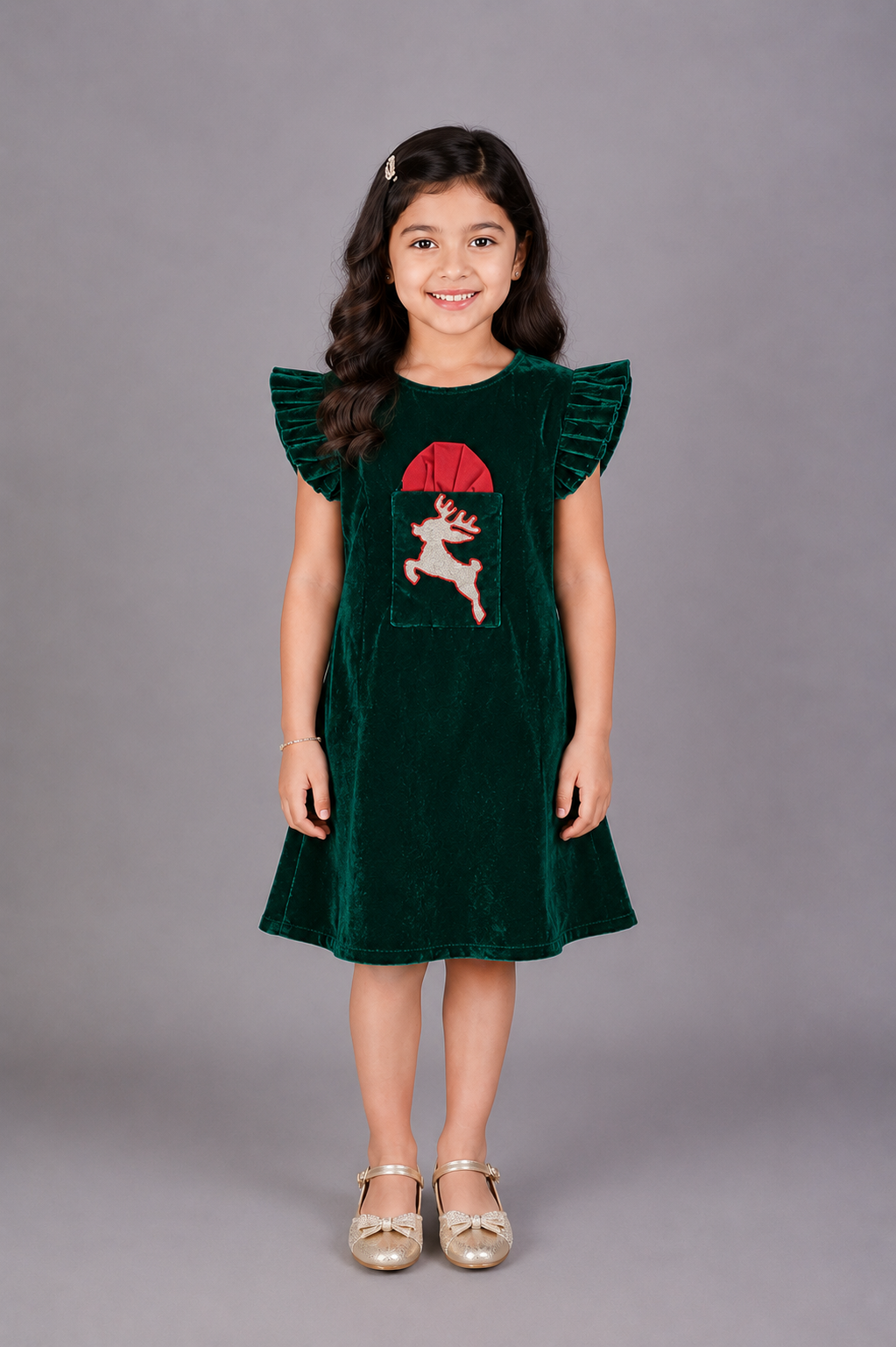 Green Velvet Christmas Reindeer  Dress