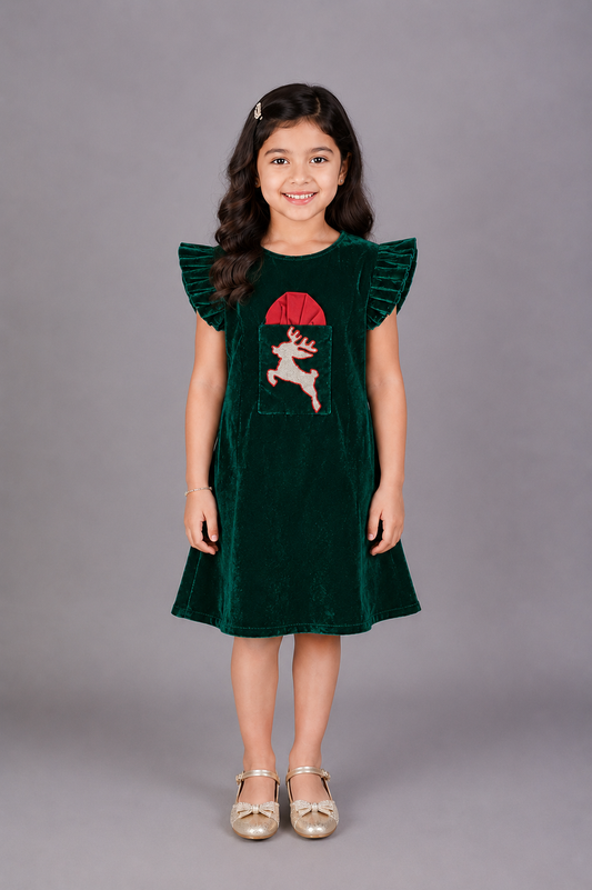Green Velvet Christmas Reindeer  Dress