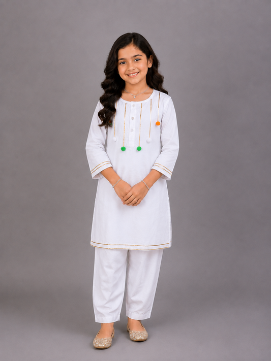 Tricolor Pom Pom Gota finishing White Kurta Pyjama