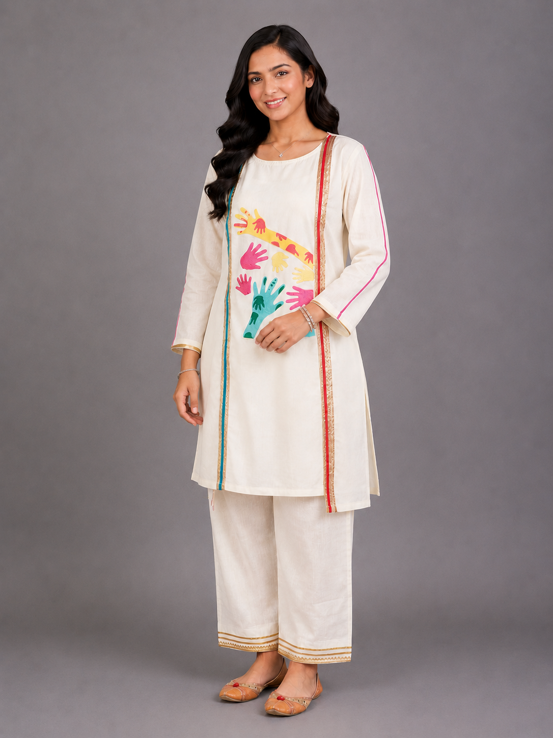 Colorful Holi Hands Embroidered Kurta Pyjama