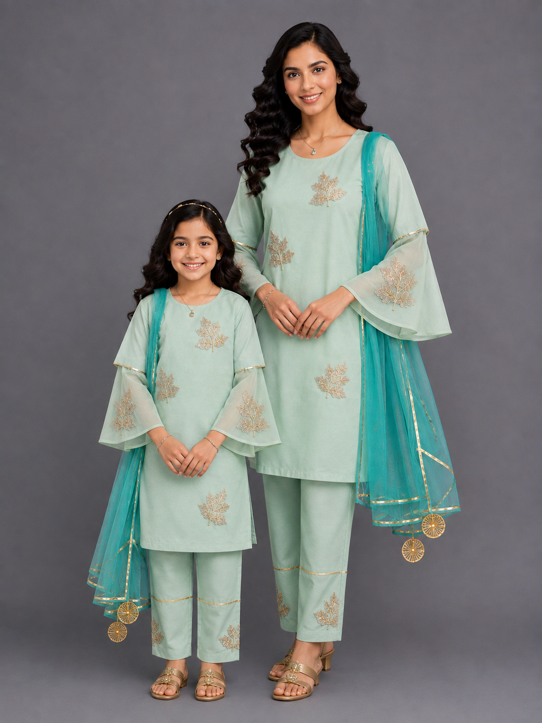Leaf Embroidered Kurta Pants with embroidered net dupatta
