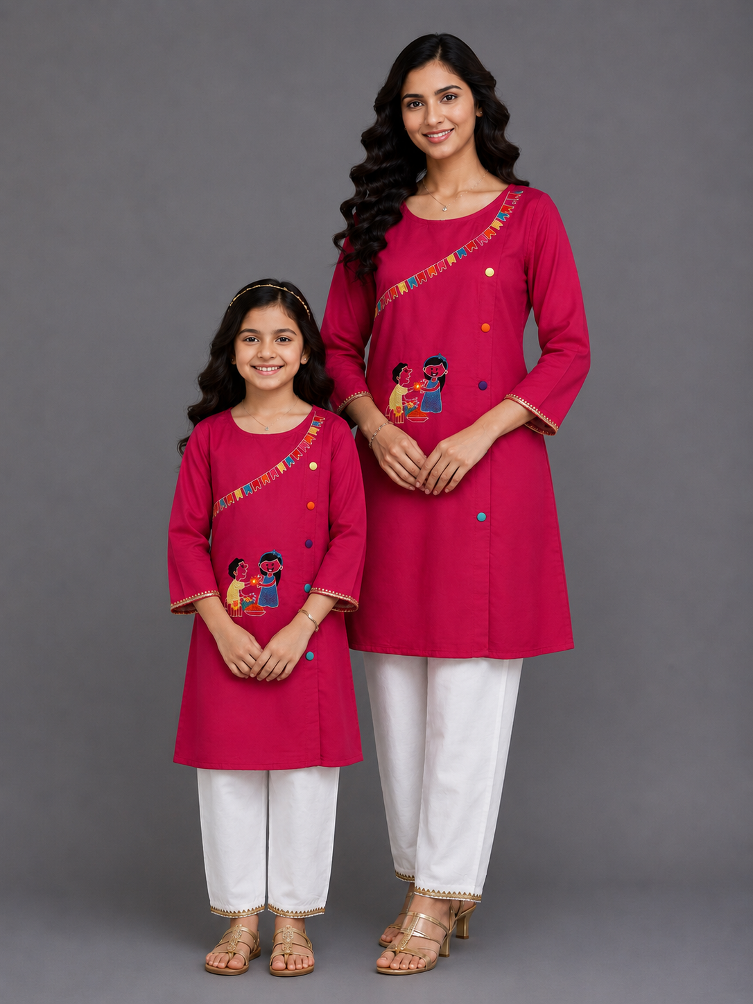 Brother Sister Embroidered Pink Kurta Pyjama set
