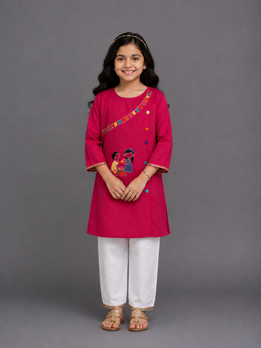 Brother Sister Embroidered Pink Kurta Pyjama set