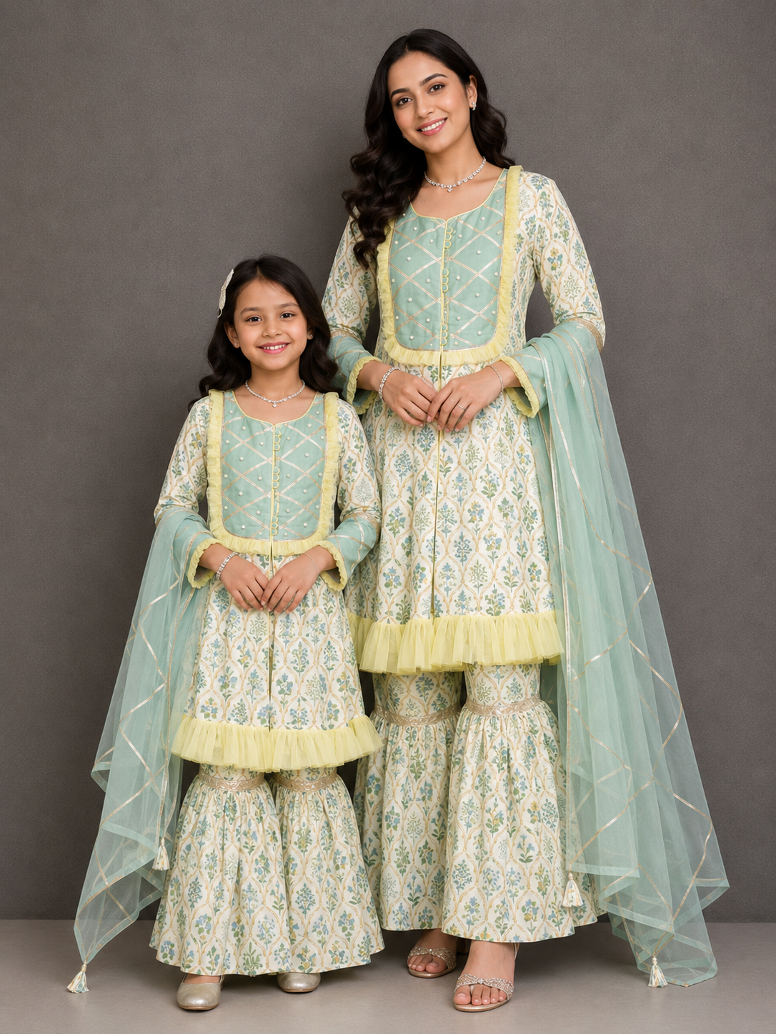 Pastel Green Mughal leaf Print Sharara Set
