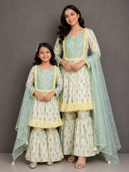 Pastel Green Mughal leaf Print Sharara Set