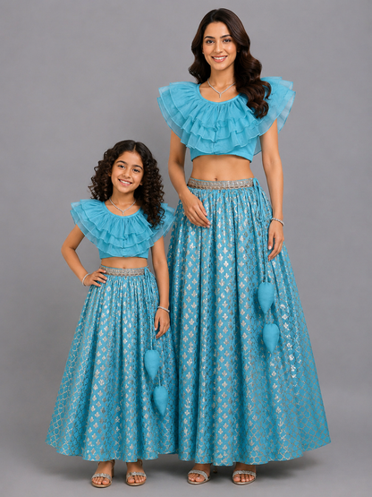 Blue Organza Ruffled blouse with Cotton Zari Lehnga