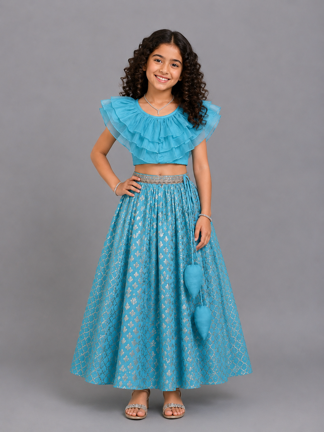 Blue Organza Ruffled blouse with Cotton Zari Lehnga