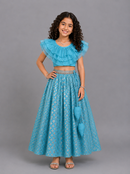 Blue Organza Ruffled blouse with Cotton Zari Lehnga