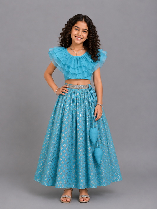 Blue Organza Ruffled blouse with Cotton Zari Lehnga