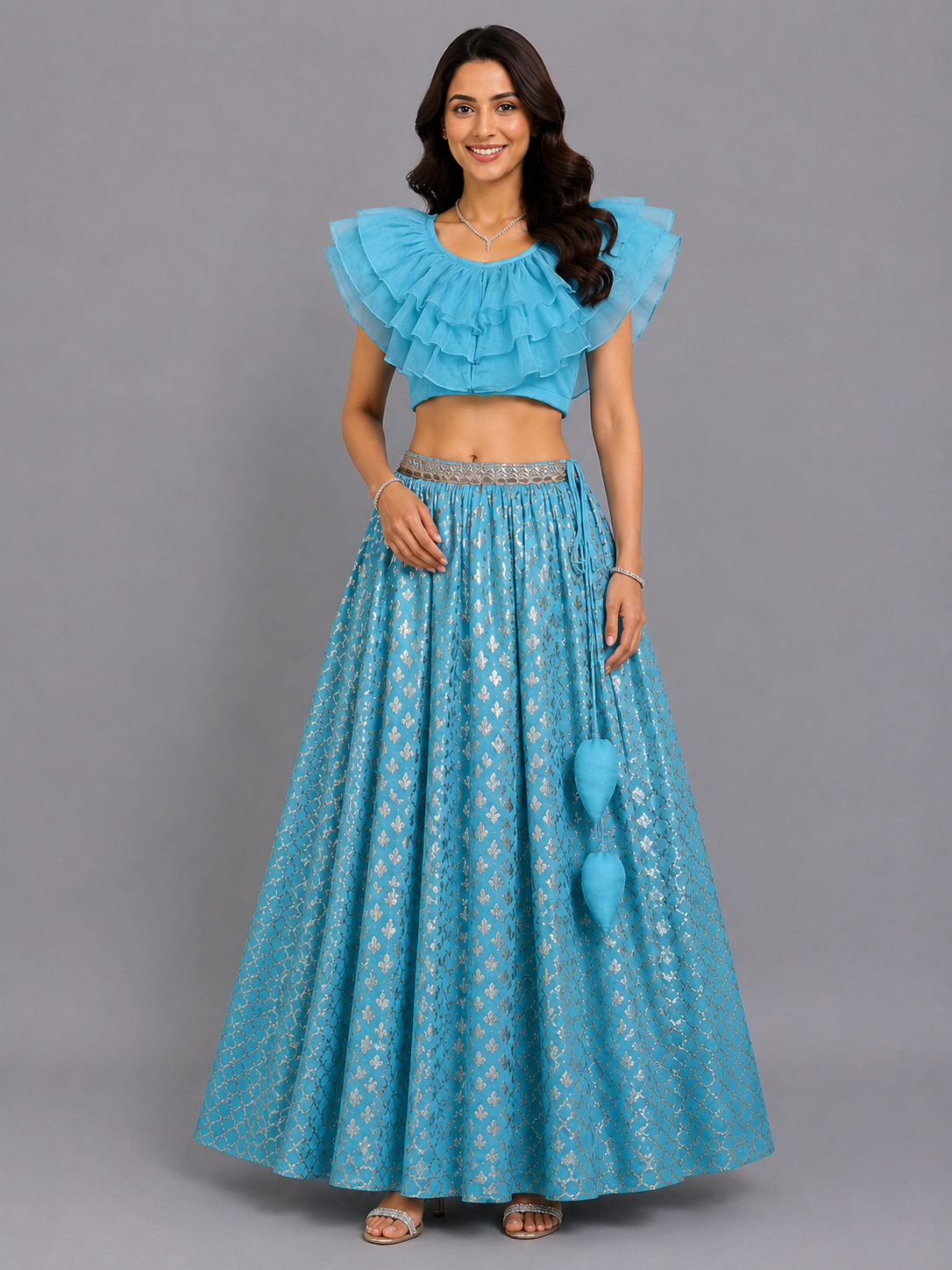 Blue Organza Ruffled blouse with Cotton Zari Lehnga