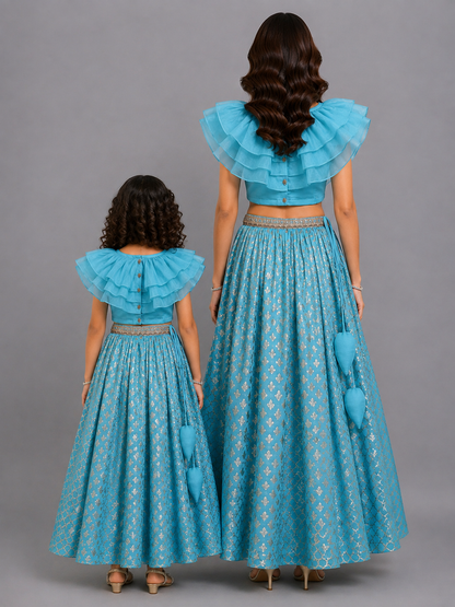 Blue Organza Ruffled blouse with Cotton Zari Lehnga